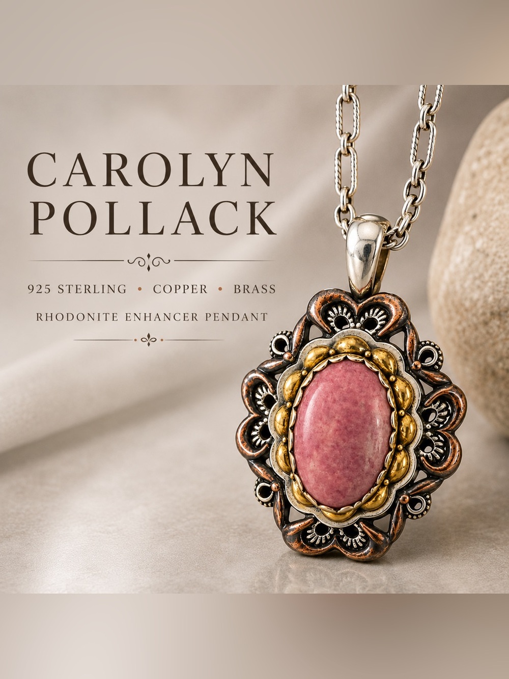 Carolyn Pollack Pink Rhodonite Multi-Metal Floral Pendant & 30" 925 Heavy Chain